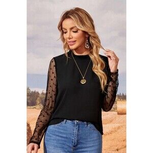 Shein Women Size Small Blouse Top Black Swiss Dot Long Sheer Sleeve
